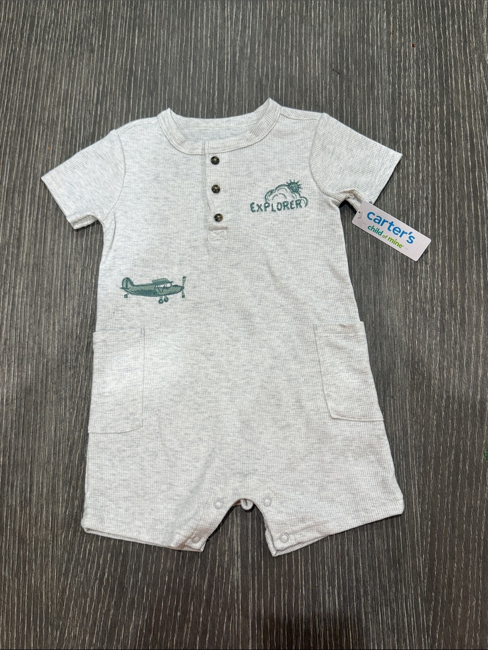 NWT Size 24 months Carter's Gray Explorer Romper with Green Airplane Graphic